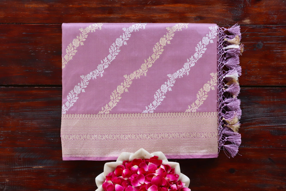 Lavender handloom Banarsi saree with jangla motifs in pure Katan silk