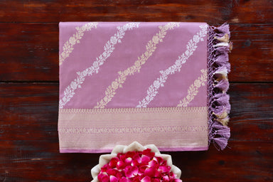 Lavender handloom Banarsi saree with jangla motifs in pure Katan silk