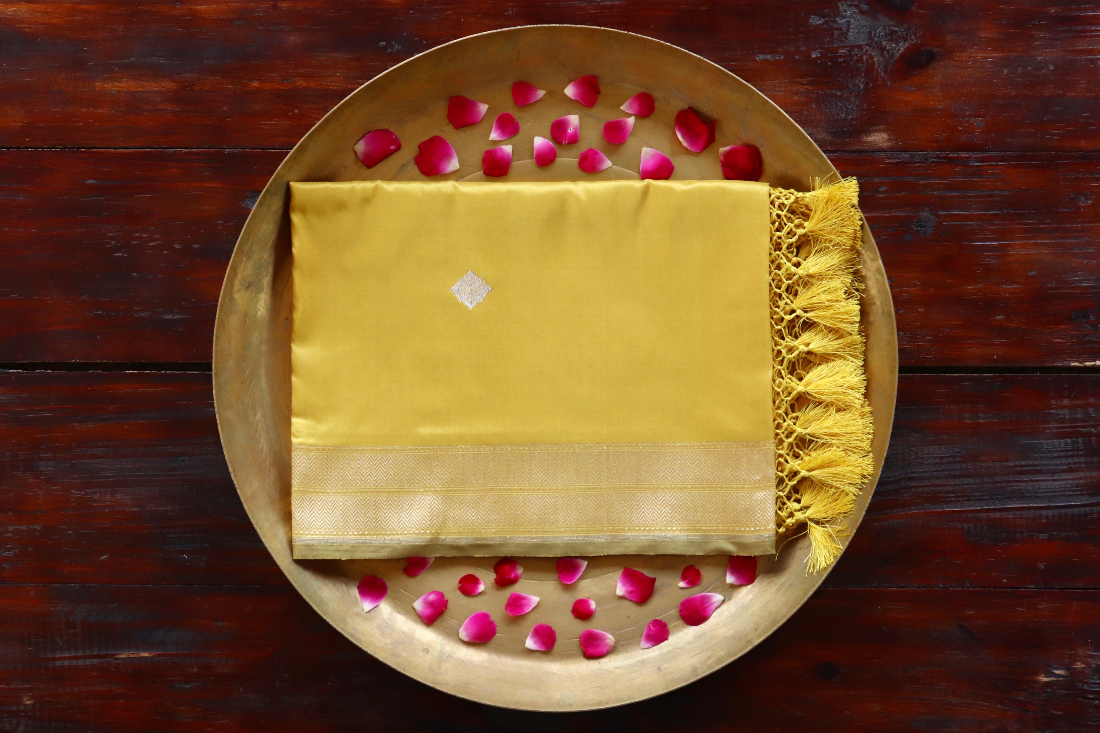 Yellow pure Katan silk Banarasi dupatta with thread-by-thread motifs.