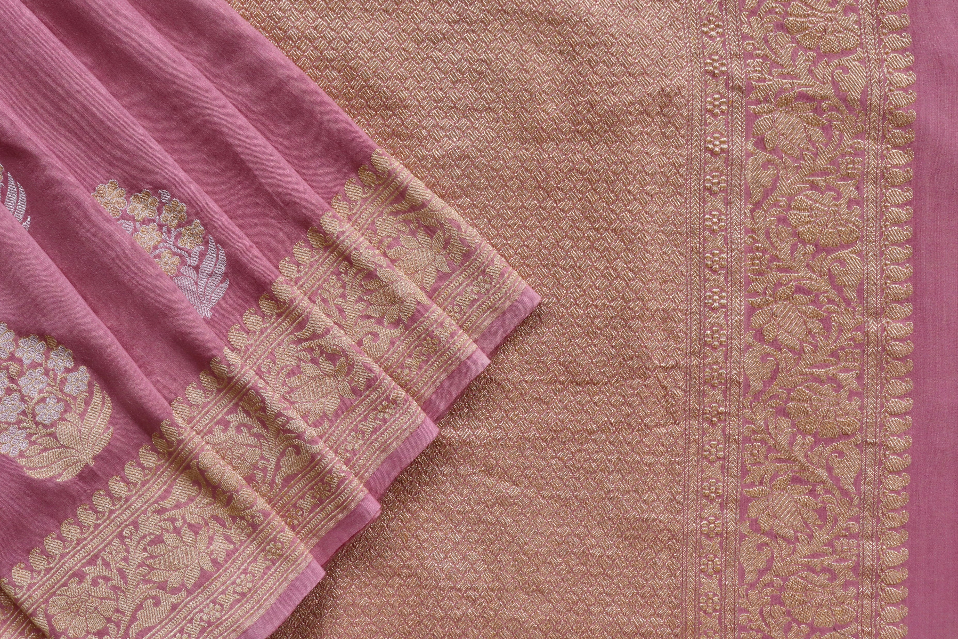 Soft Pink Phool Motif Munga Silk Handloom Saree