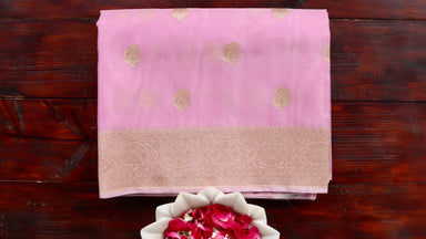 Pink handloom Banarsi saree with kairy motifs in pure Kora silk