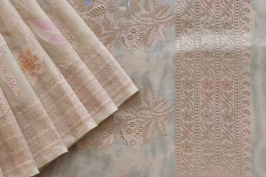 Ivory Kadhua Kora Jangla Handwoven Saree