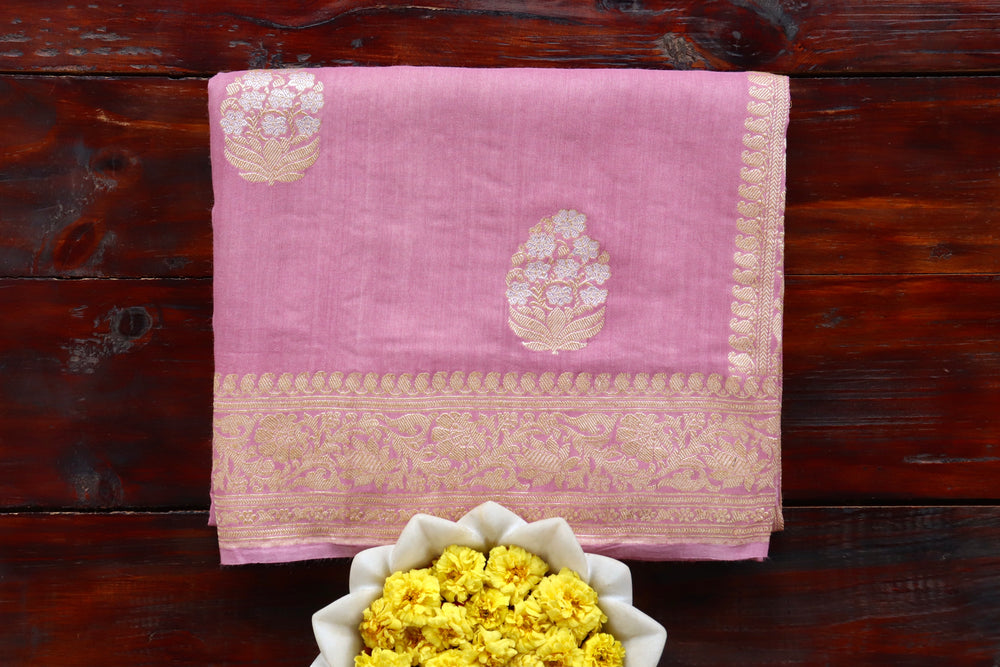 Soft Pink handloom Banarsi saree with phool motifs in Munga silk