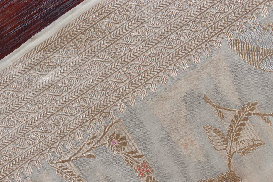 Ivory Kadhua Kora Jangla Handwoven Saree