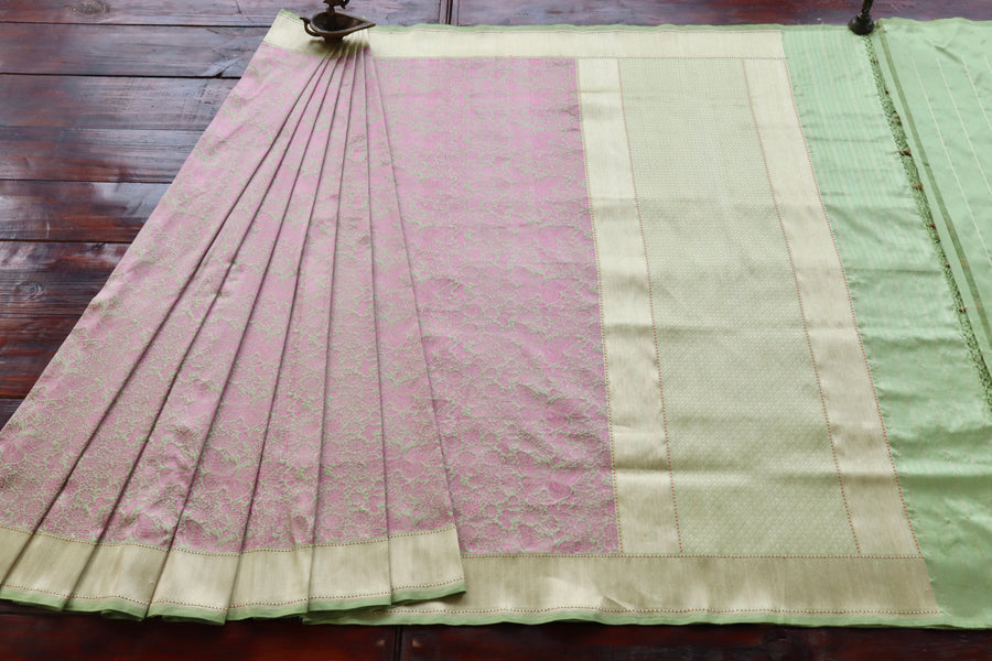 Pista Green & Pink Butterfly Resham Banarasi Tanchoi | Stuti Weaves