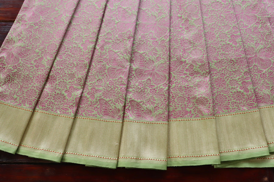 Pista Green & Pink Butterfly Resham Banarasi Tanchoi | Stuti Weaves