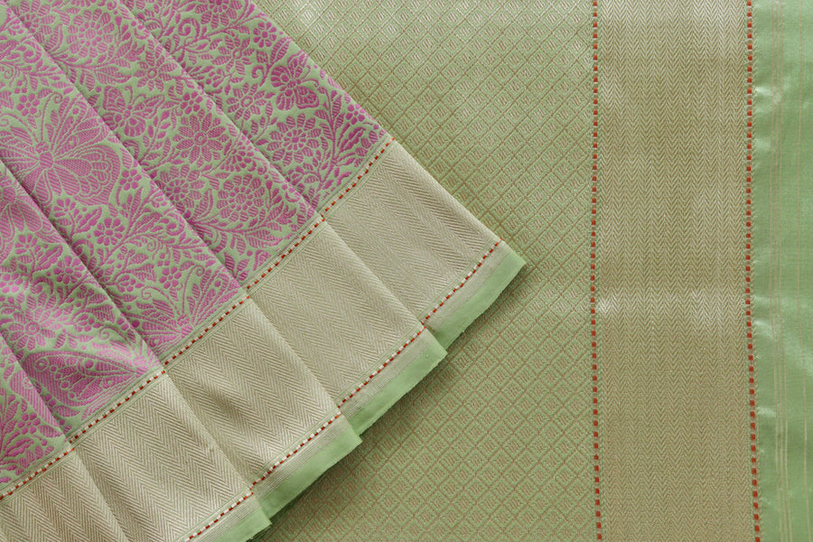 Pista Green & Pink Butterfly Resham Banarasi Tanchoi | Stuti Weaves