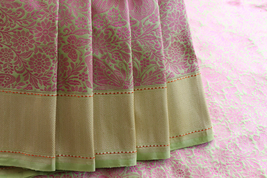 Pista Green & Pink Butterfly Resham Banarasi Tanchoi | Stuti Weaves