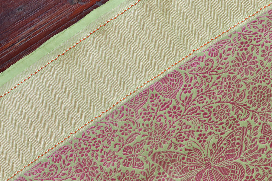Pista Green & Pink Butterfly Resham Banarasi Tanchoi | Stuti Weaves