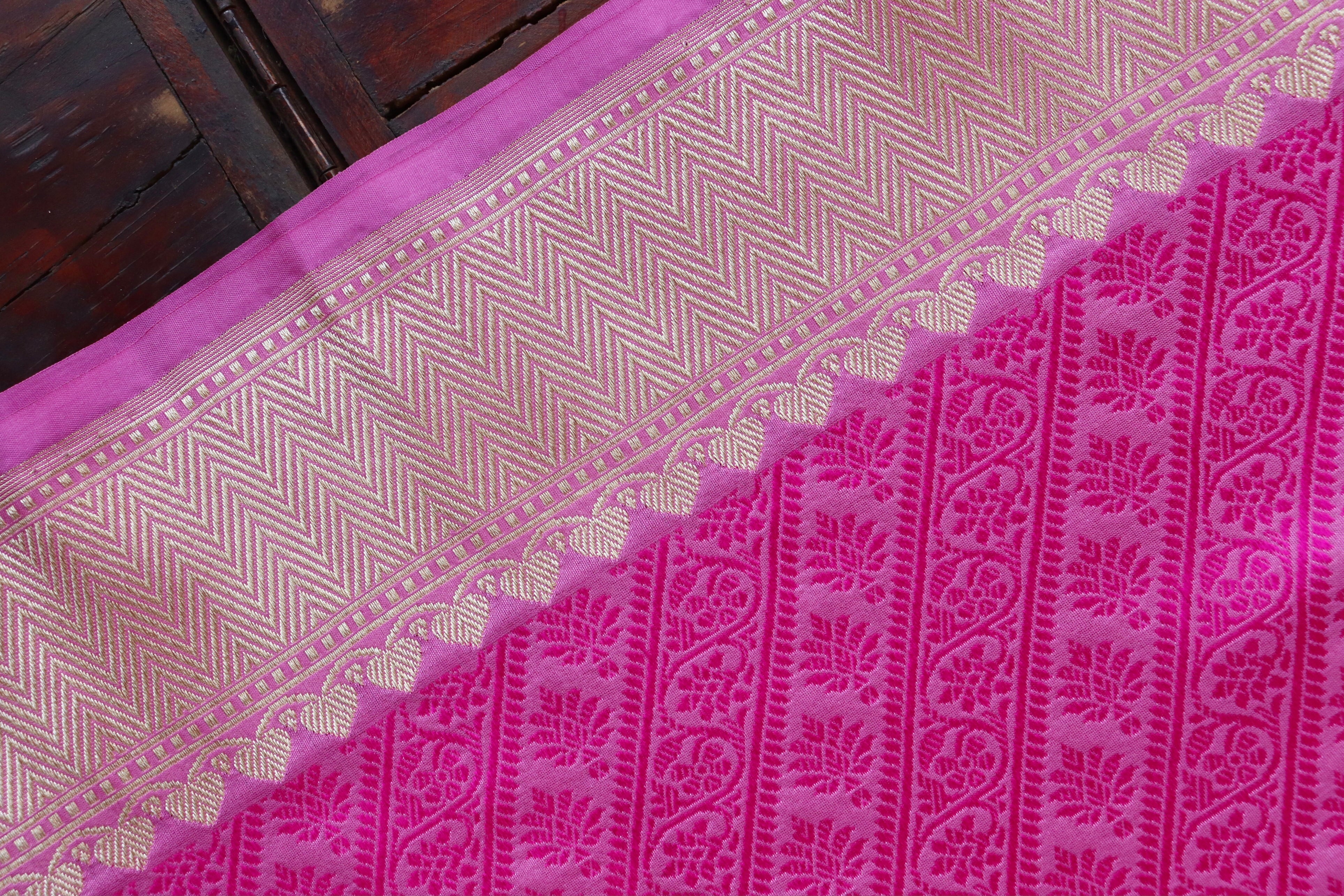 Bright Pink Resham Handwoven Banarasi Tanchoi Silk Saree