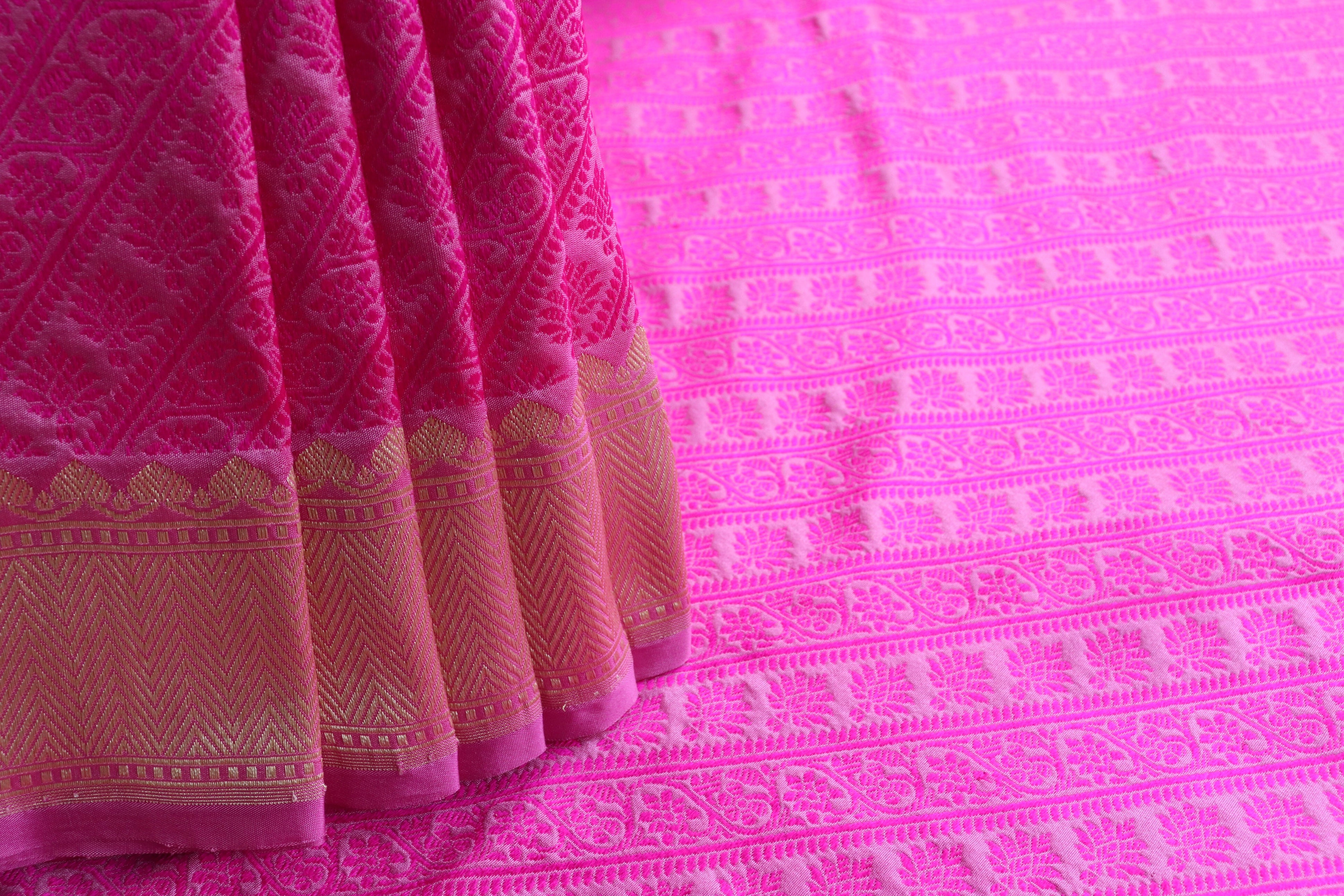 Bright Pink Resham Handwoven Banarasi Tanchoi Silk Saree