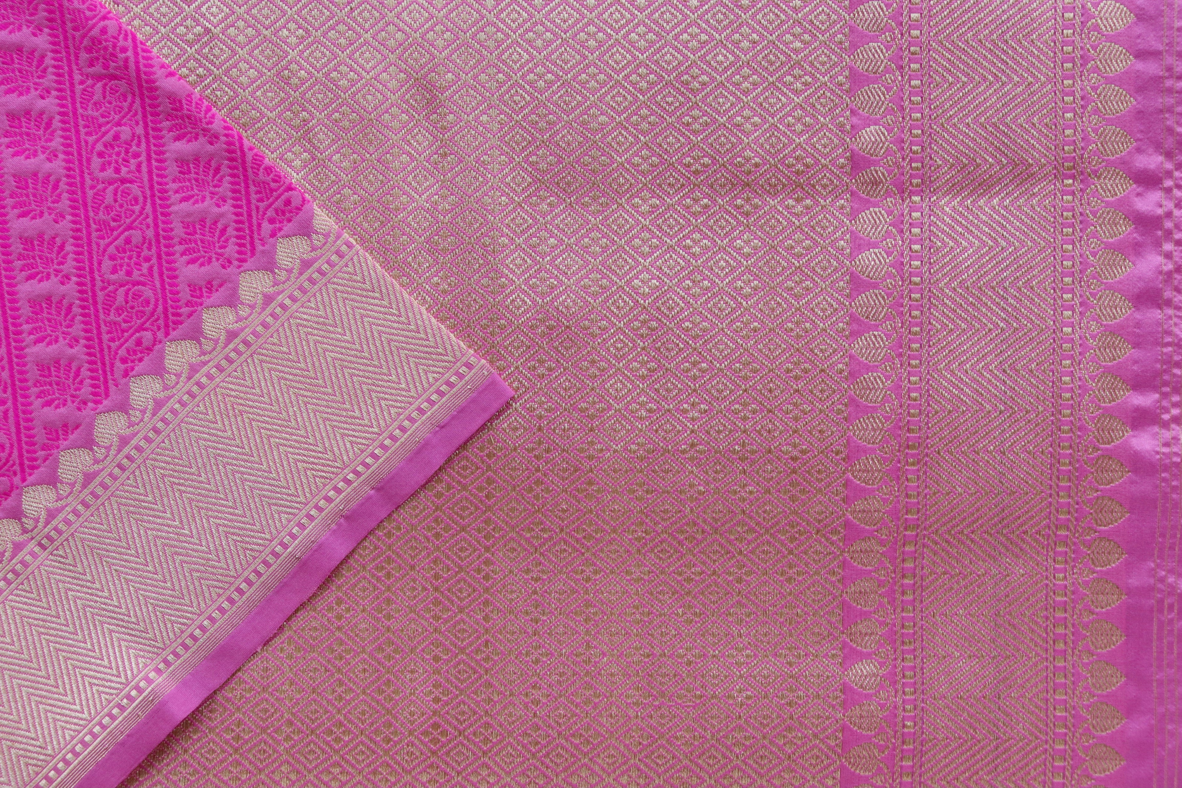 Bright Pink Resham Handwoven Banarasi Tanchoi Silk Saree