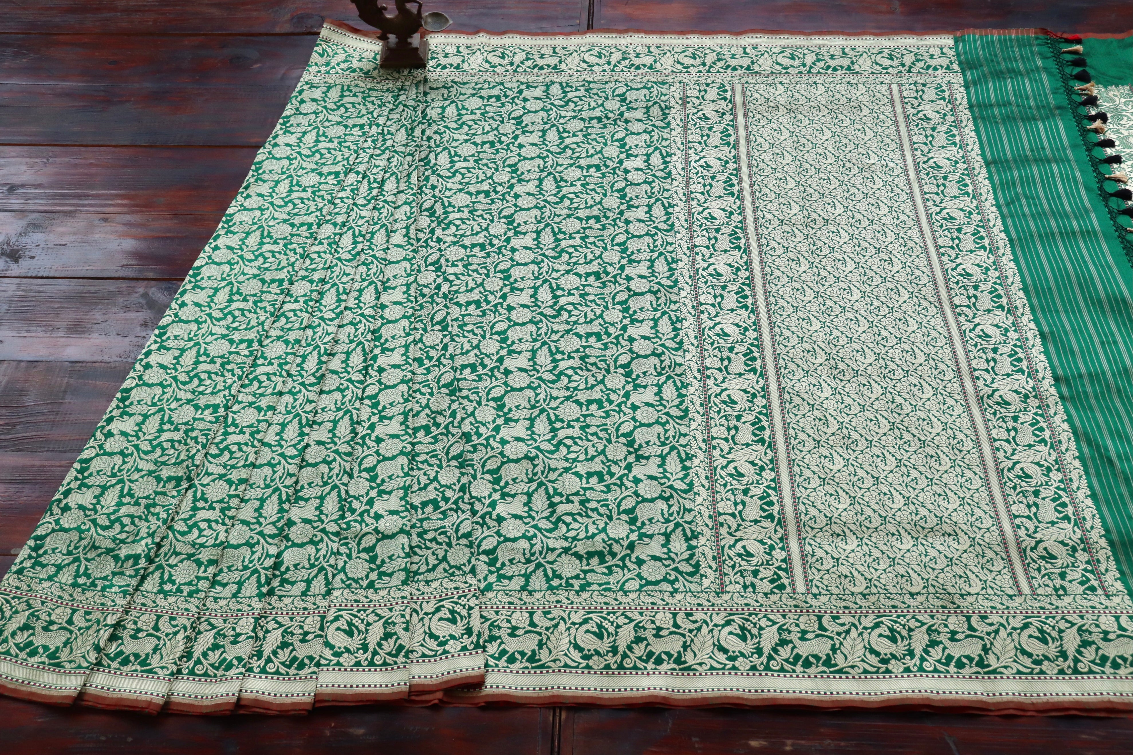 Green Tanchoi Shikargah Pure Silk Handloom Banarasi Saree