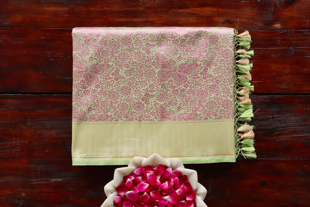 Pista Green handloom Banarsi saree with tanchoi motifs in silk