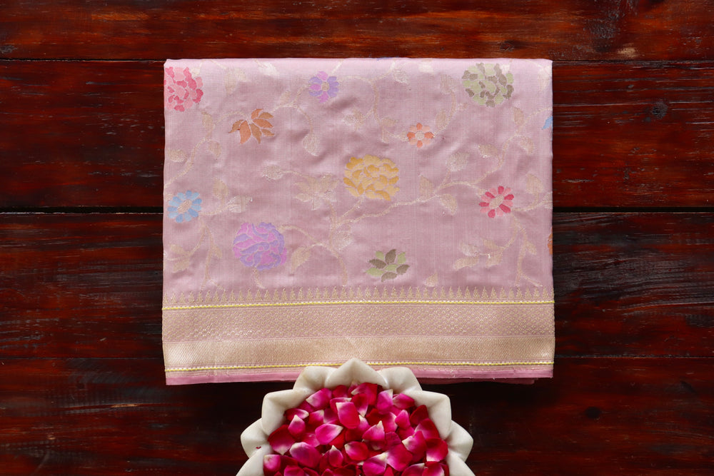 Pale Pink Kimkhab Pure Silk Banarasi Saree | Stuti Weaves