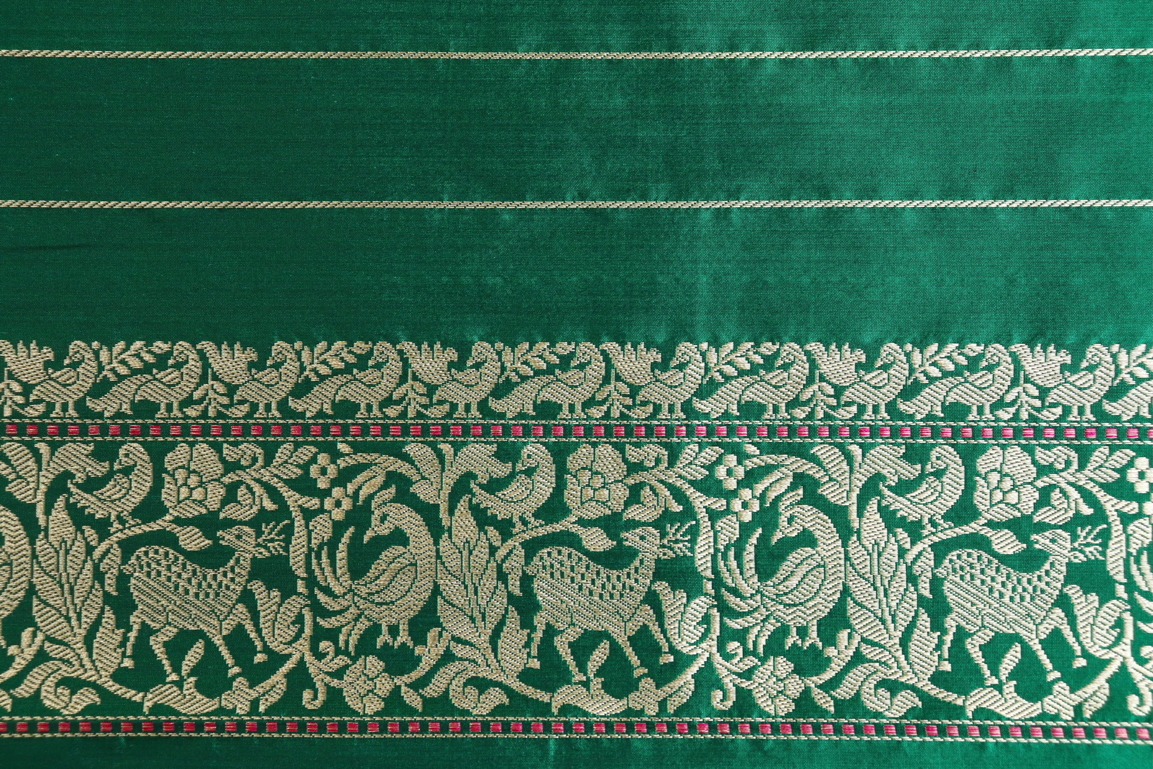 Green Tanchoi Shikargah Pure Silk Handloom Banarasi Saree