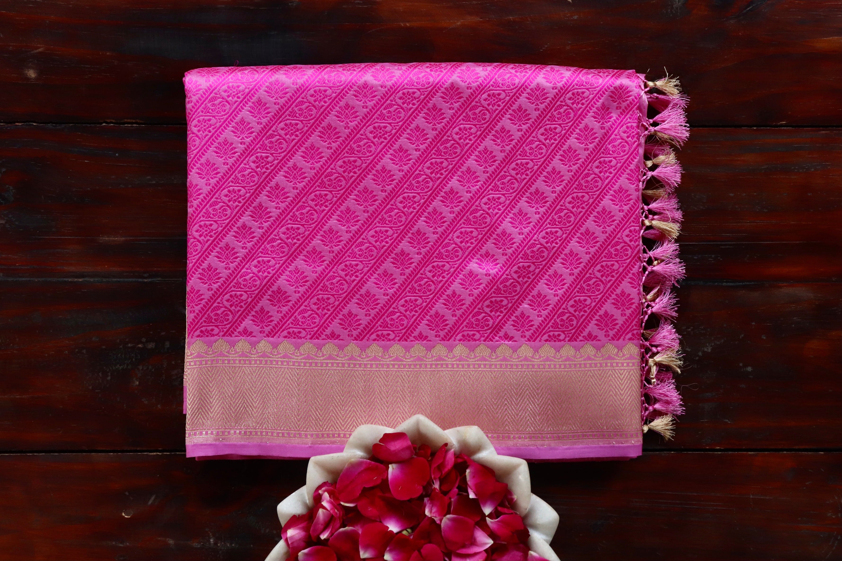 Bright Pink Resham Handwoven Banarasi Tanchoi Silk Saree