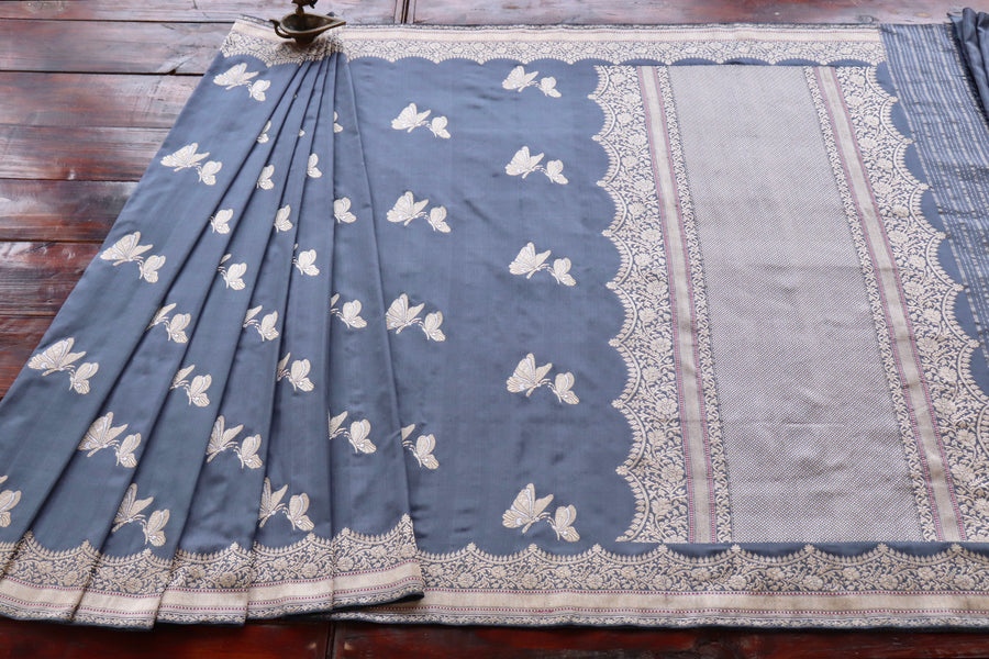 Grey Butterfly Motif Pure Silk Banarasi Saree | Stuti Weaves