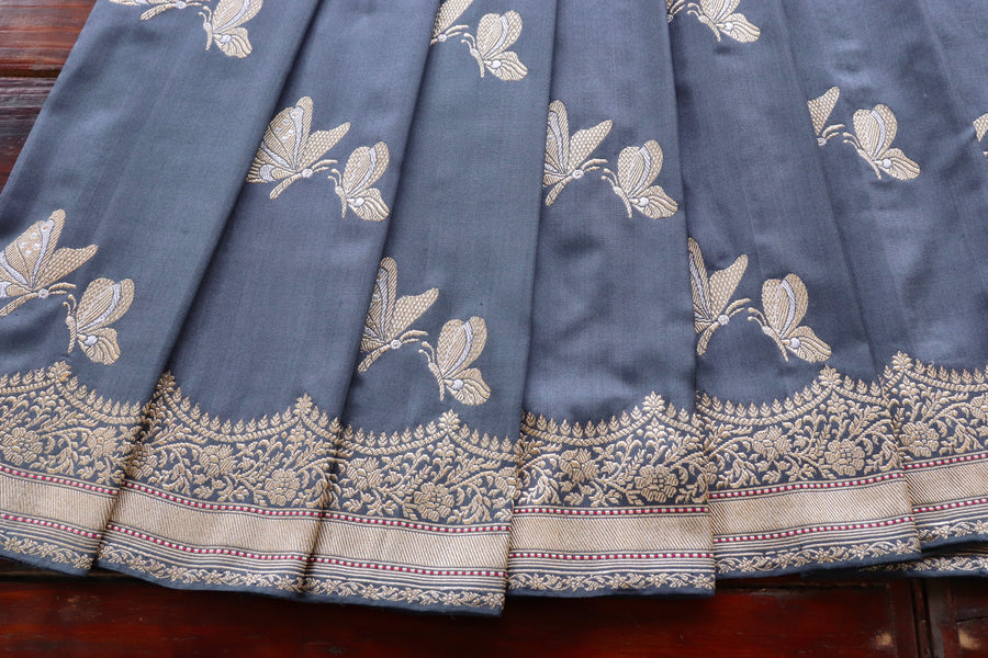 Grey Butterfly Motif Pure Silk Banarasi Saree | Stuti Weaves