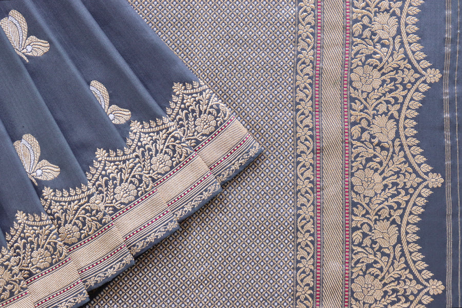 Grey Butterfly Motif Pure Silk Banarasi Saree | Stuti Weaves