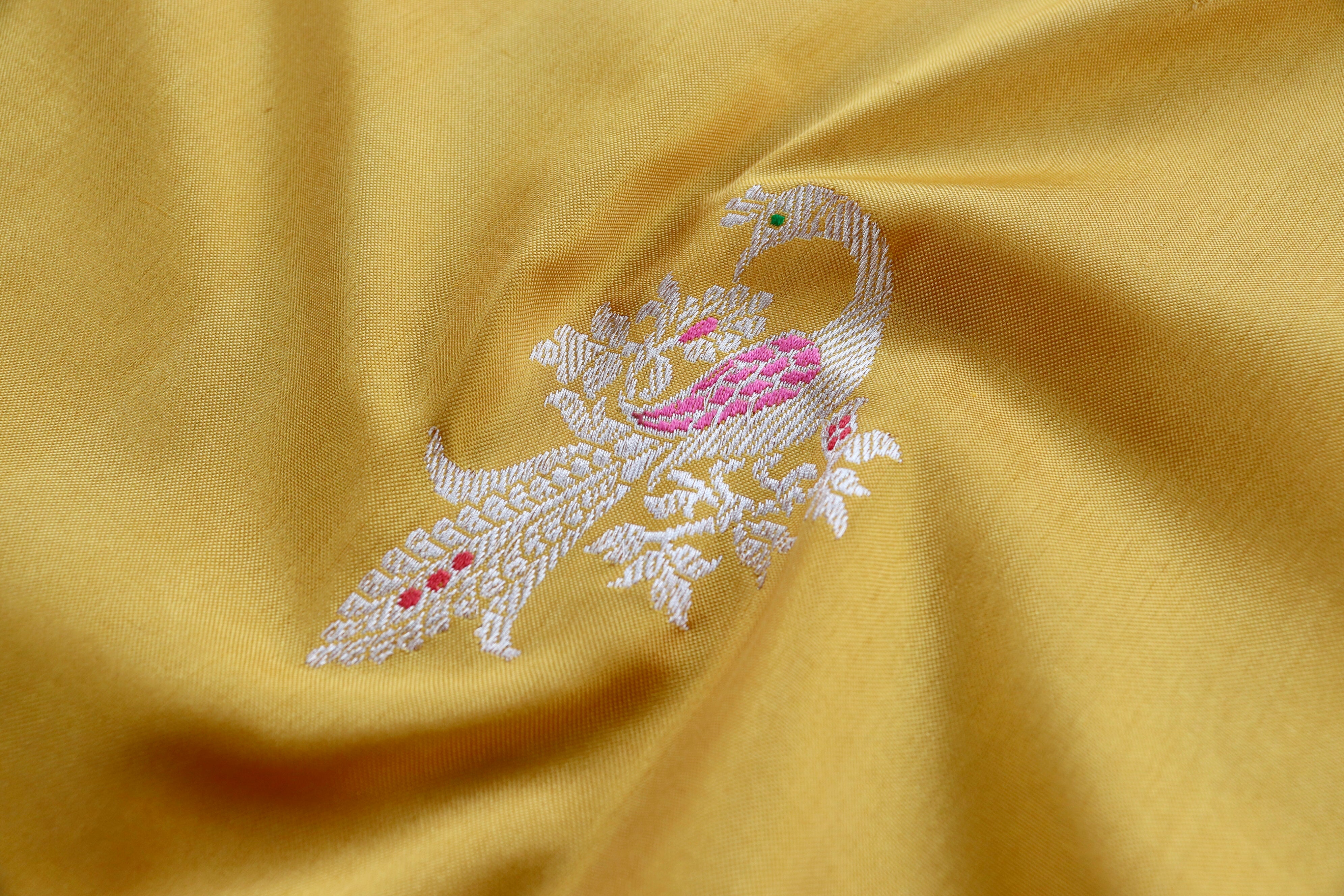 Yellow Peacock Motif Pure Silk Handloom Banarasi Dupatta