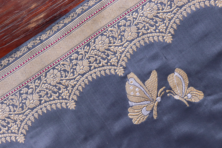 Grey Butterfly Motif Pure Silk Banarasi Saree | Stuti Weaves
