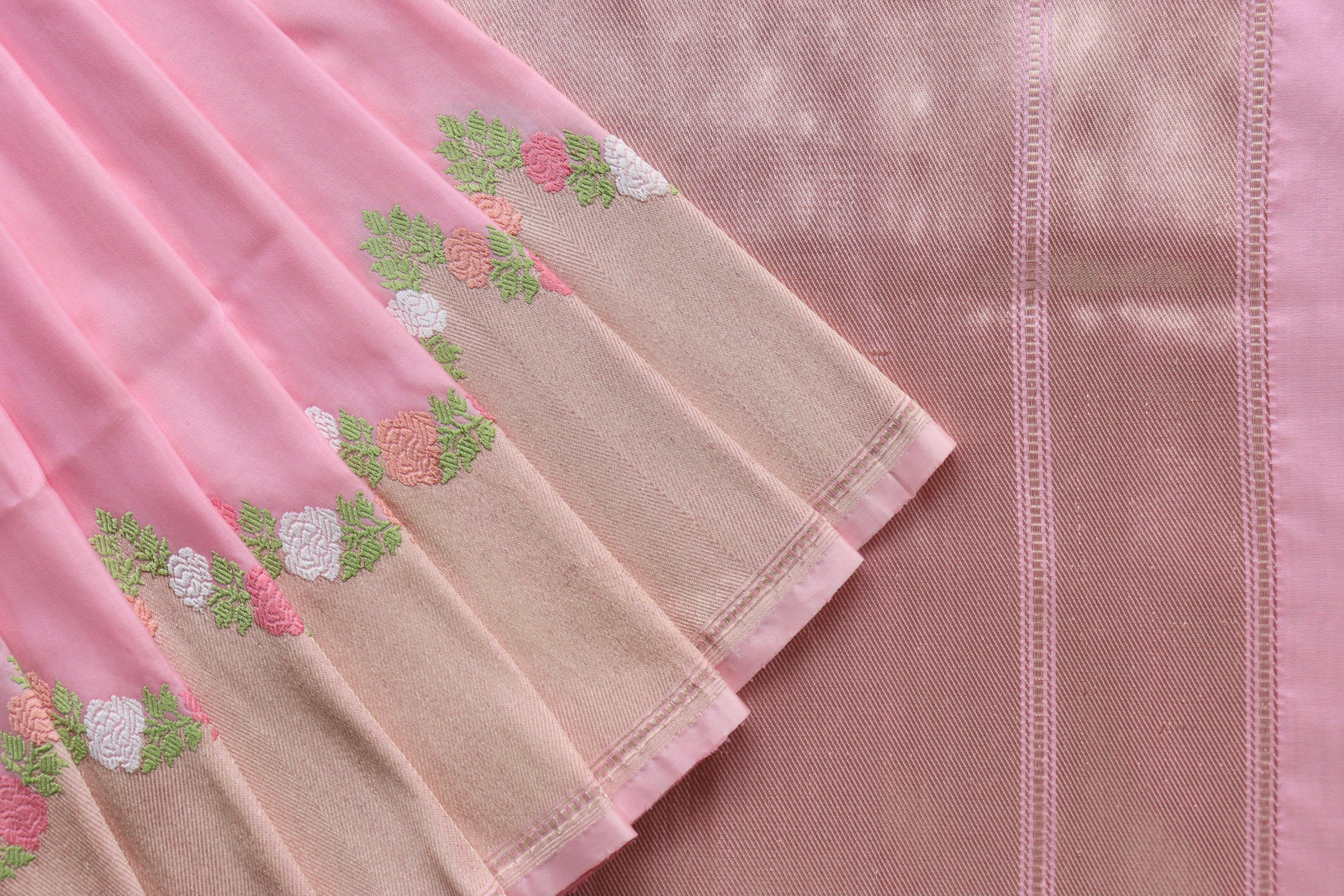 Soft Pink Floral Border Pure Silk Handloom Banarasi Saree