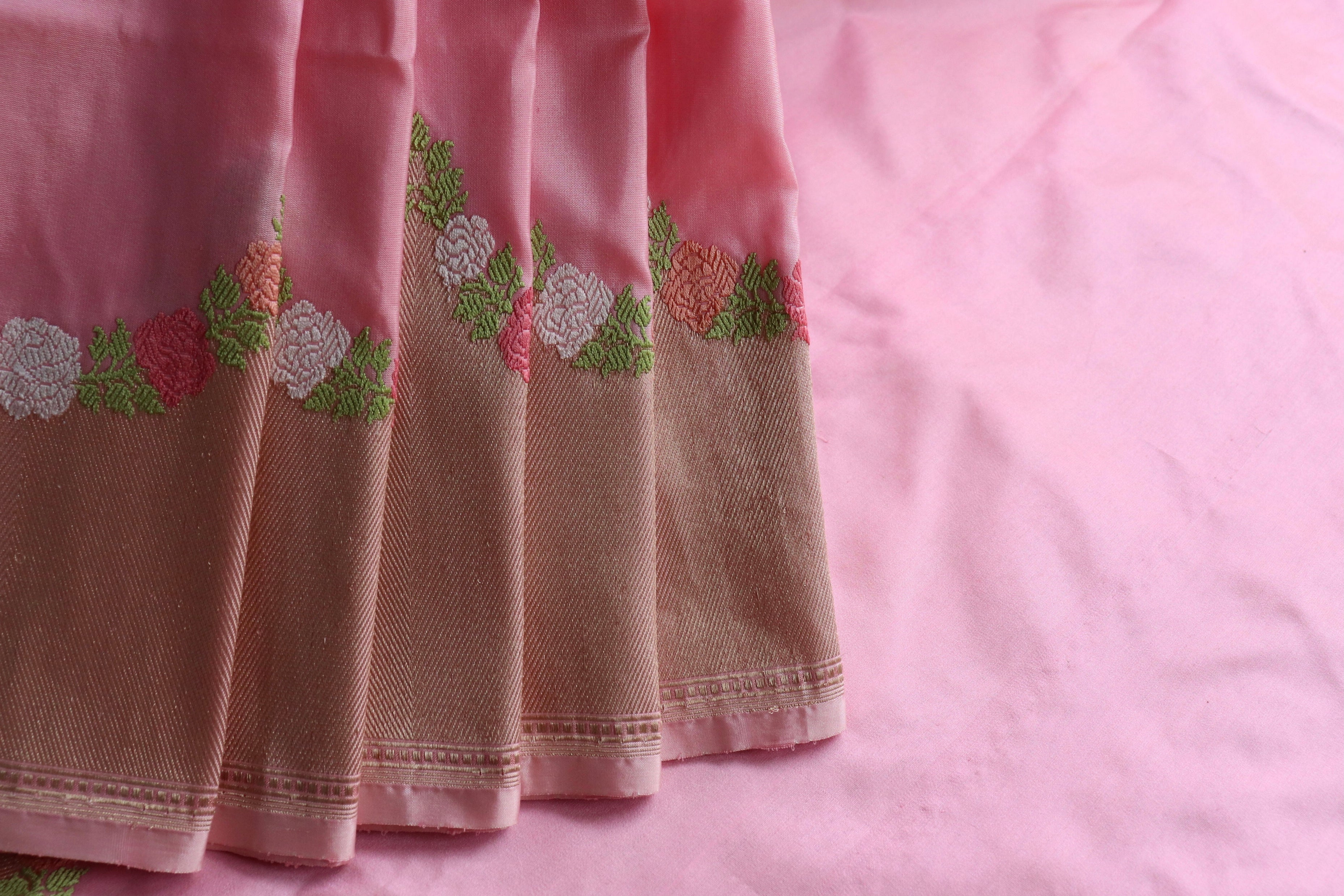 Soft Pink Floral Border Pure Silk Handloom Banarasi Saree