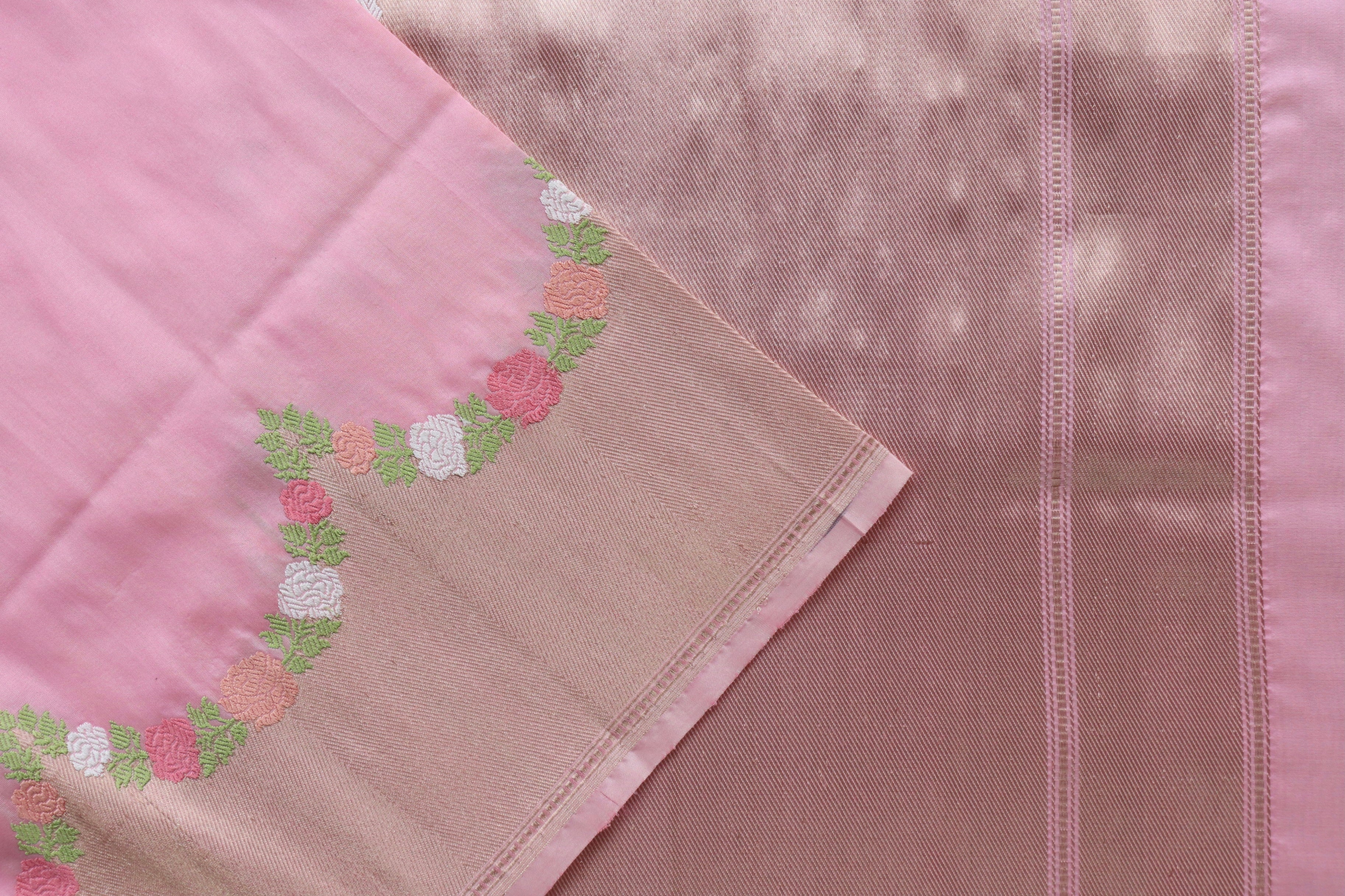 Soft Pink Floral Border Pure Silk Handloom Banarasi Saree