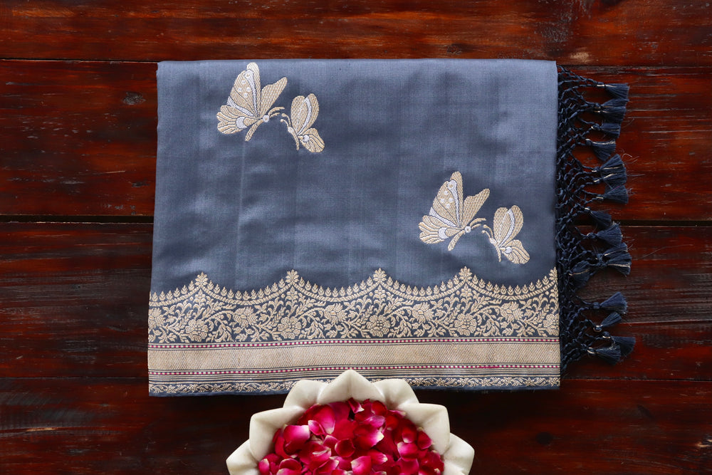 Grey handloom Banarsi saree with butterfly motifs in pure silk