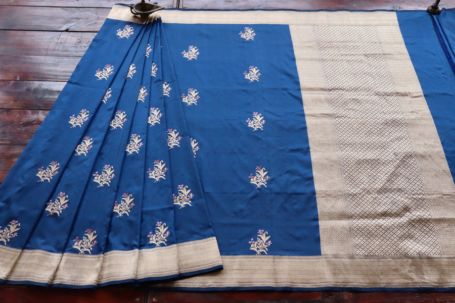 Deep Blue Alfi Pure Silk Handloom Banarasi Saree
