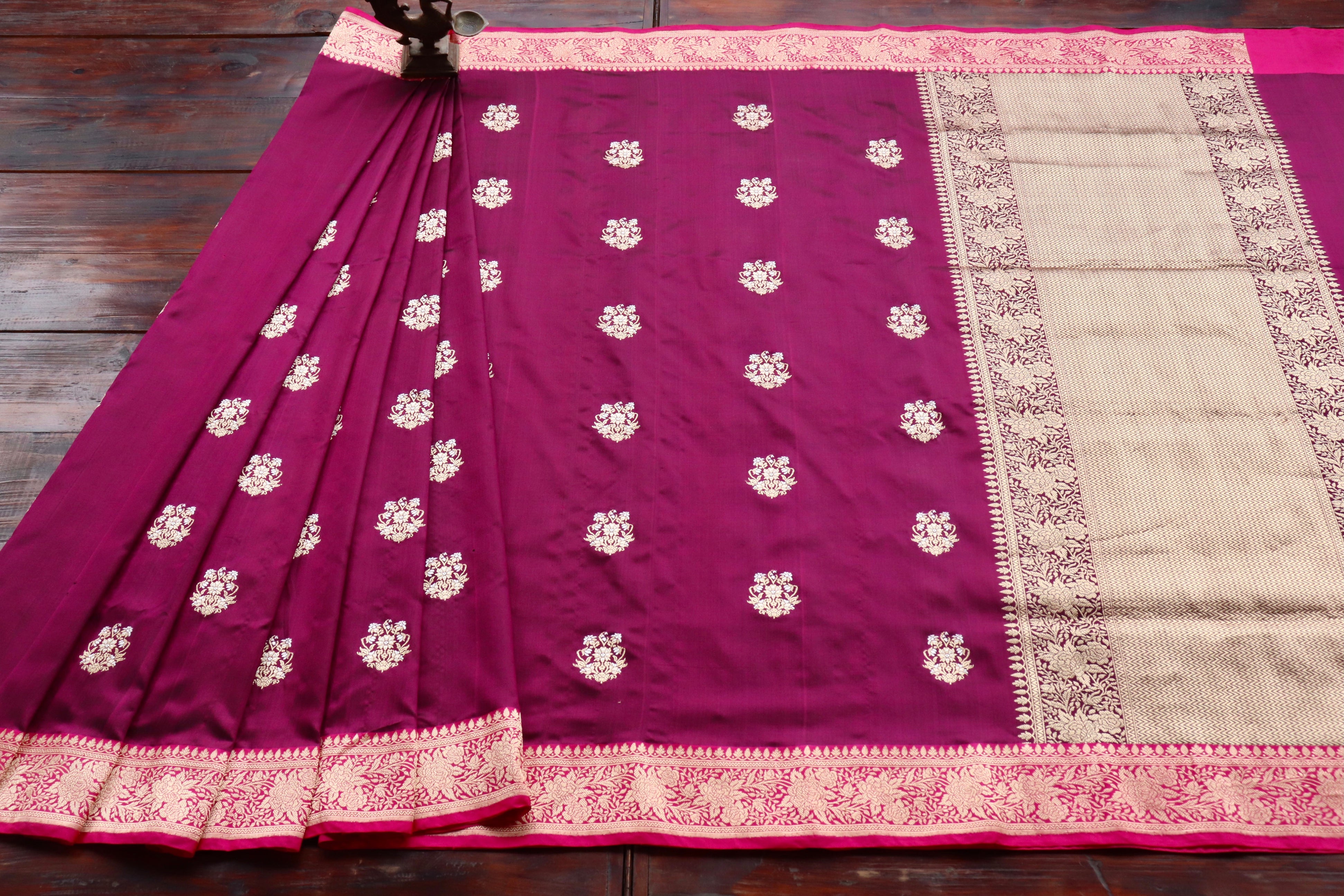 Burgundy & Pink Kadhua Pure Katan Silk Handloom Banarasi Saree