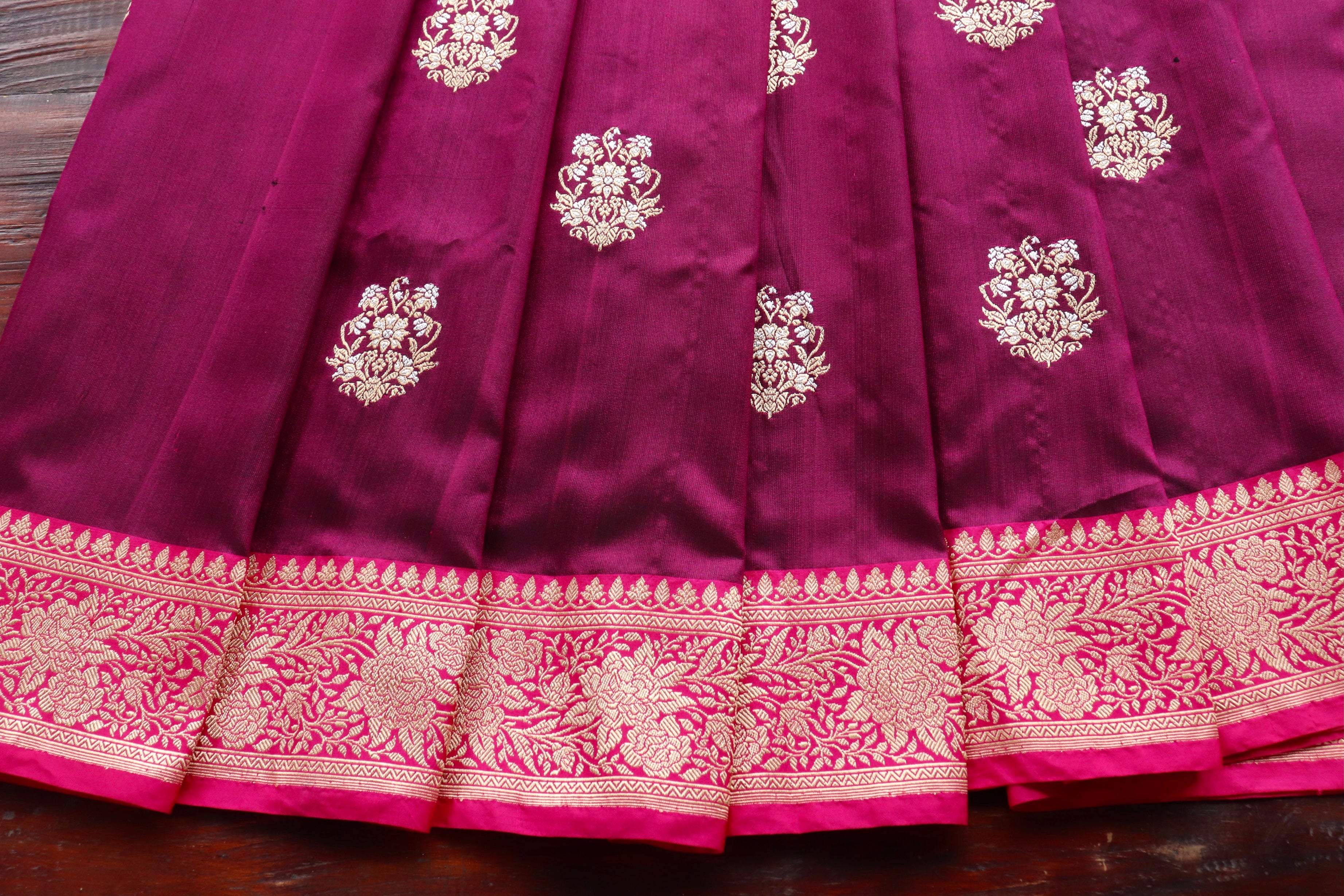 Burgundy & Pink Kadhua Pure Katan Silk Handloom Banarasi Saree