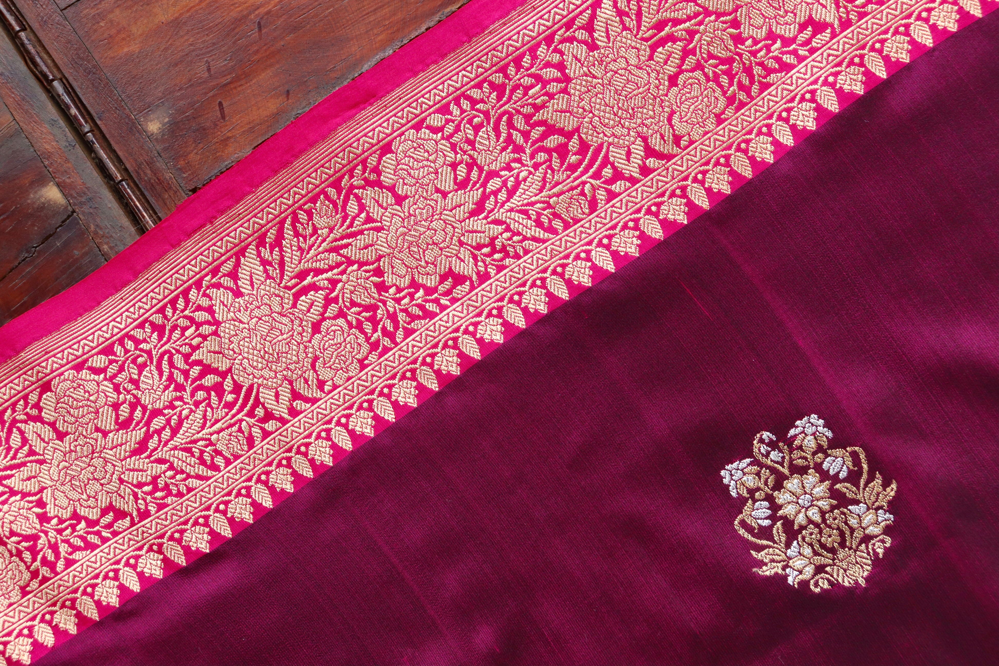 Burgundy & Pink Kadhua Pure Katan Silk Handloom Banarasi Saree