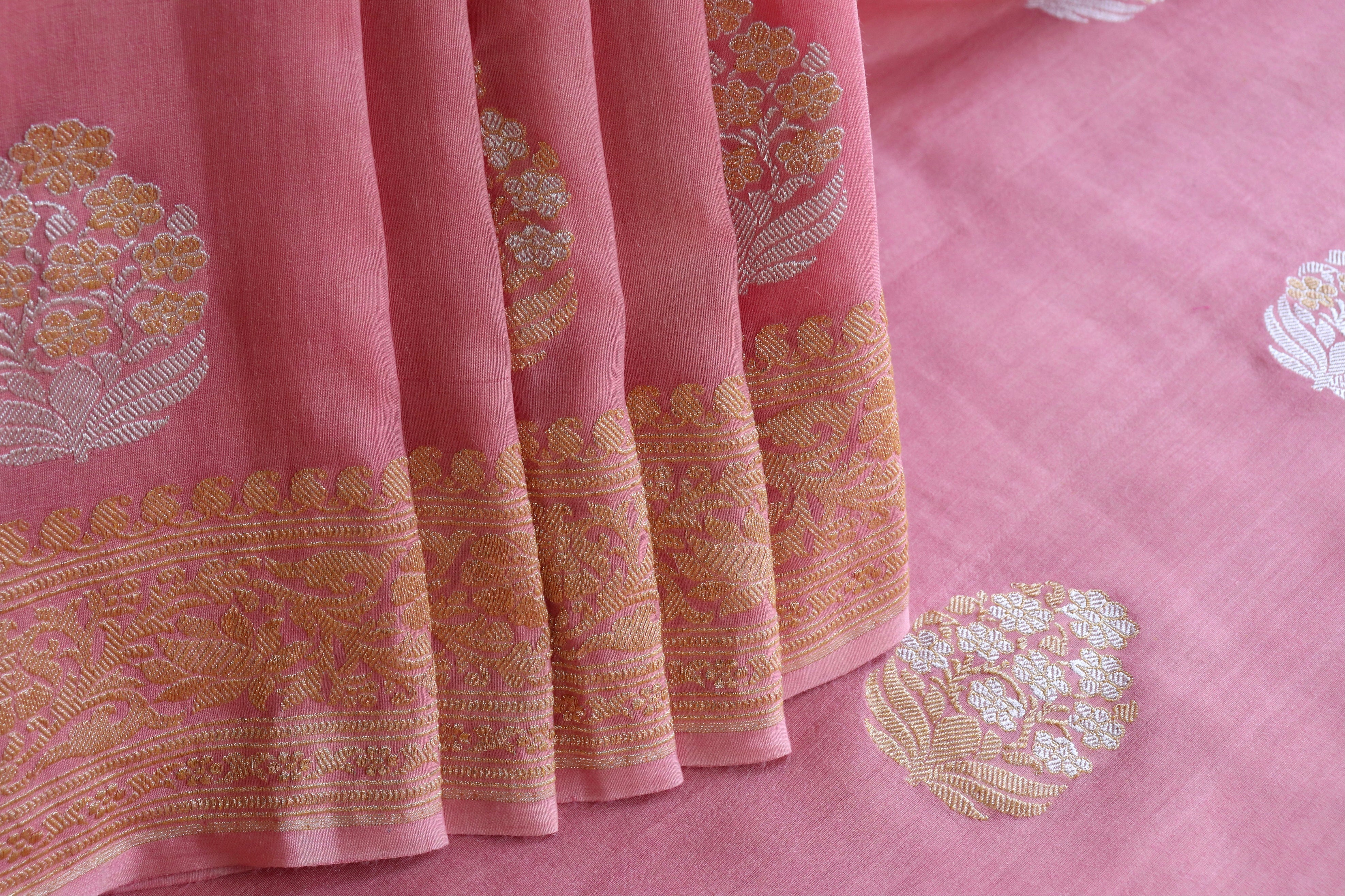 Soft Pink Phool Motif Munga Silk Handloom Saree