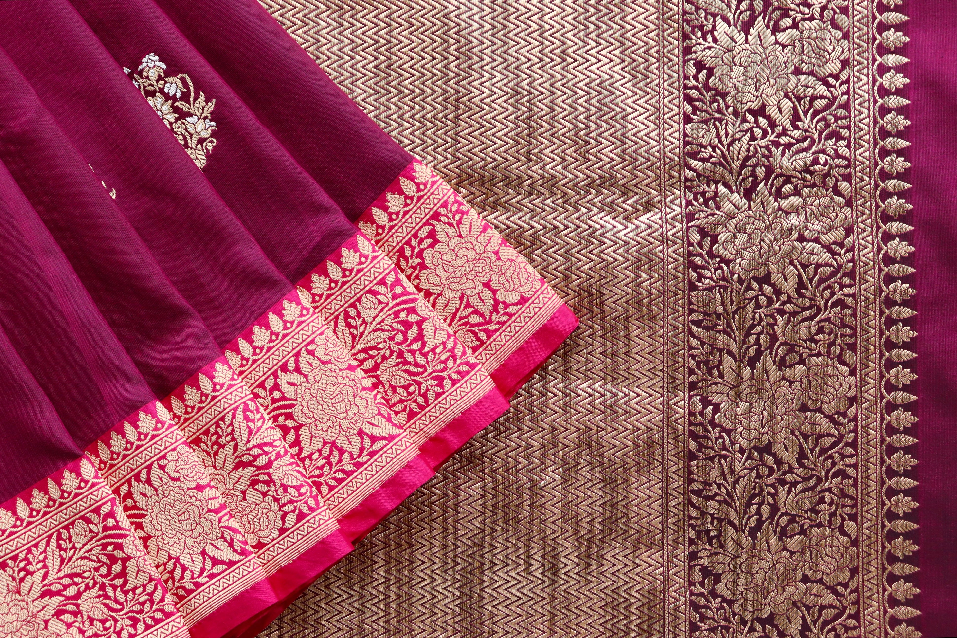 Burgundy & Pink Kadhua Pure Katan Silk Handloom Banarasi Saree