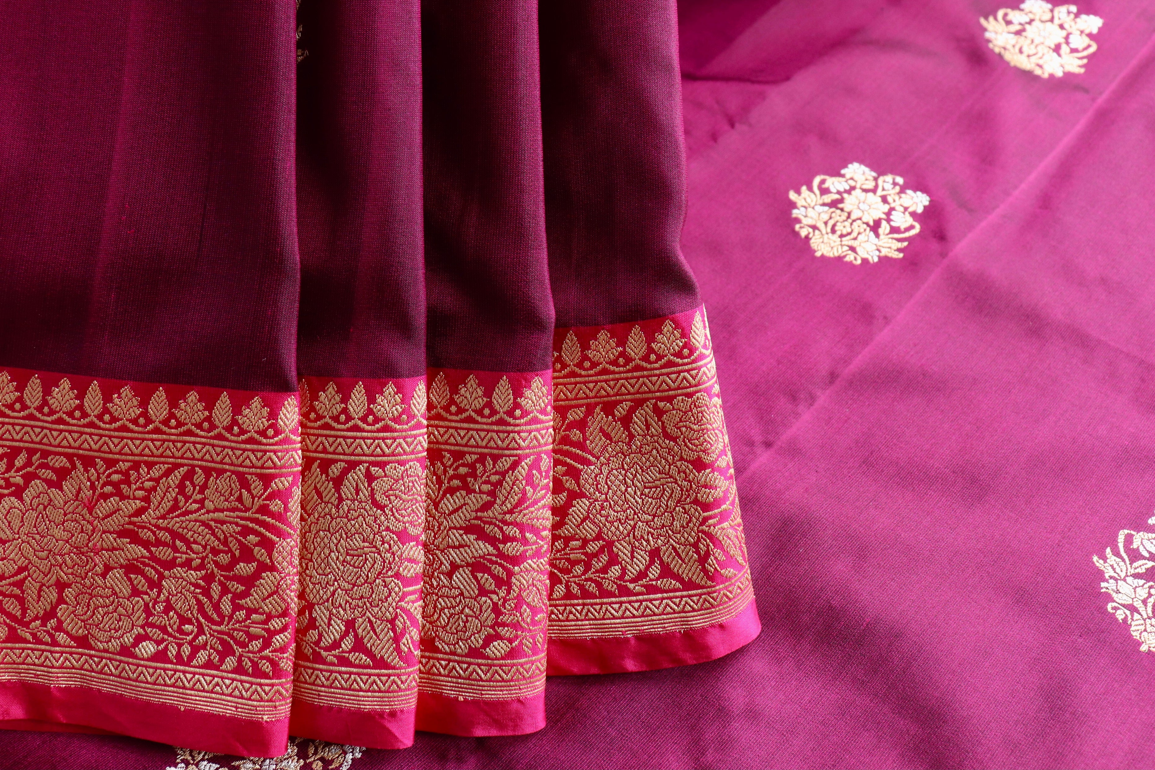 Burgundy & Pink Kadhua Pure Katan Silk Handloom Banarasi Saree