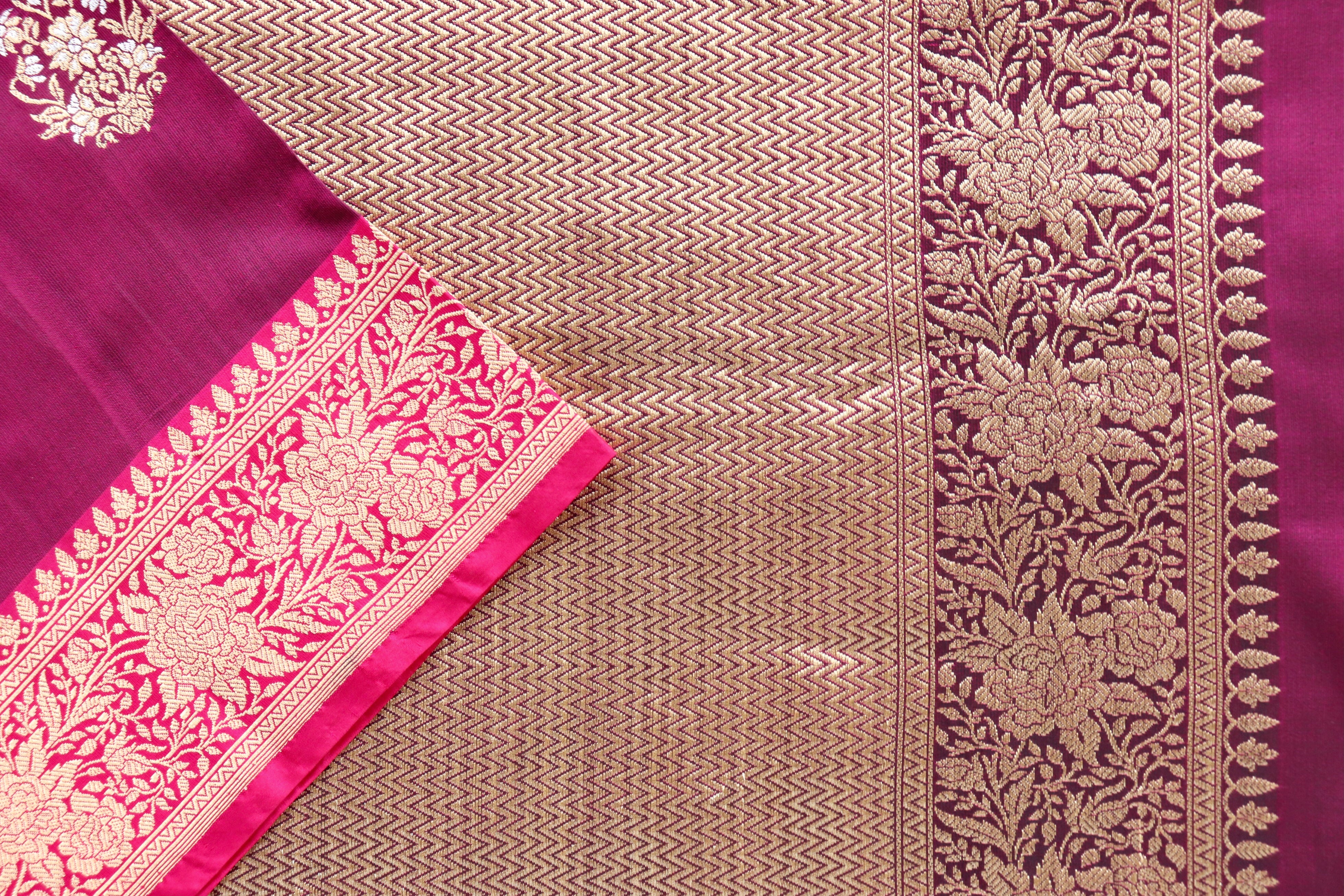 Burgundy & Pink Kadhua Pure Katan Silk Handloom Banarasi Saree