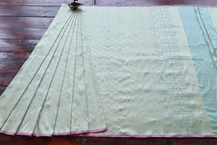 Aquamarine Meenadar Tanchoi Pure Silk Handloom Banarasi Saree
