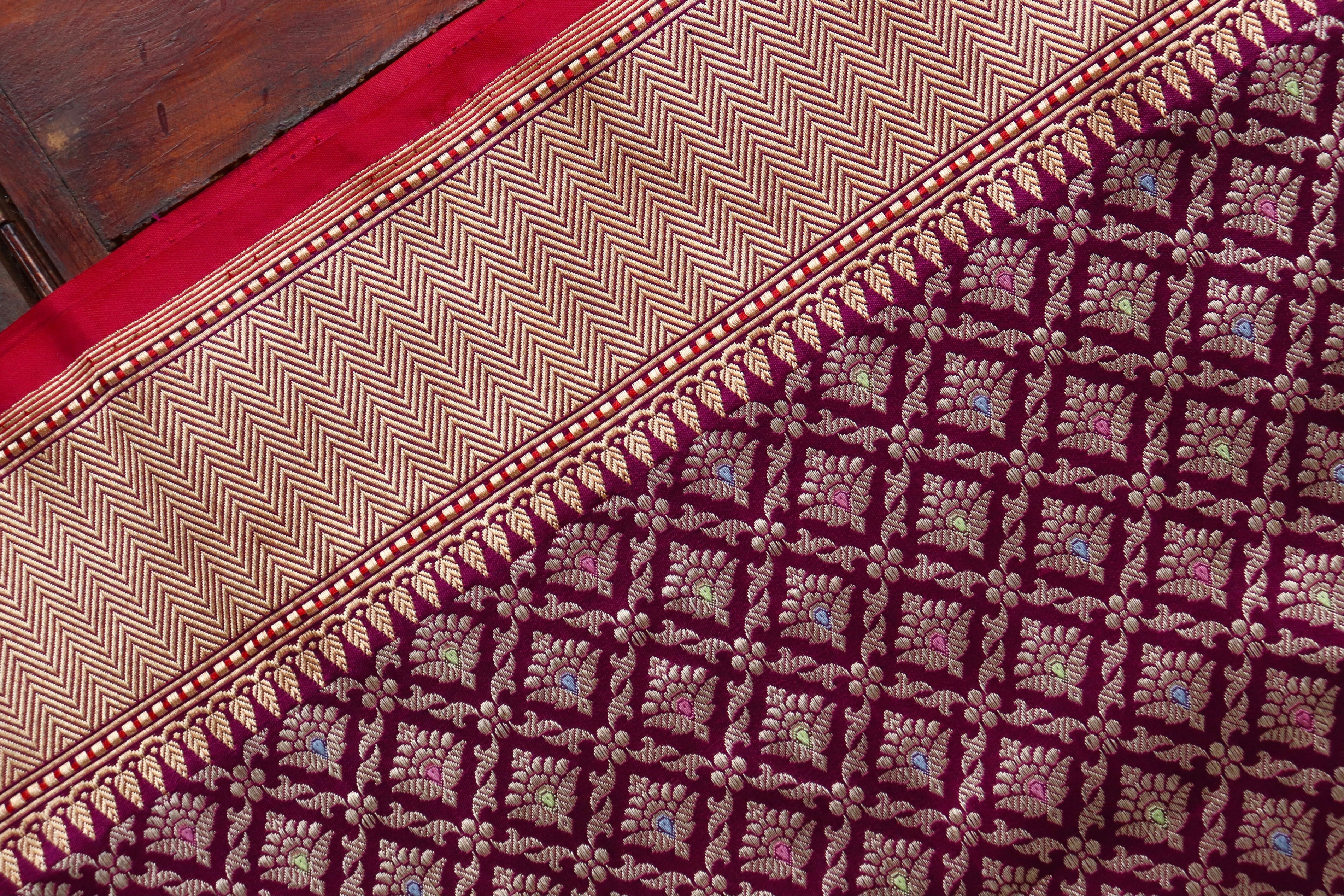 Wine Meenadar Handwoven Banarasi Tanchoi Silk Saree