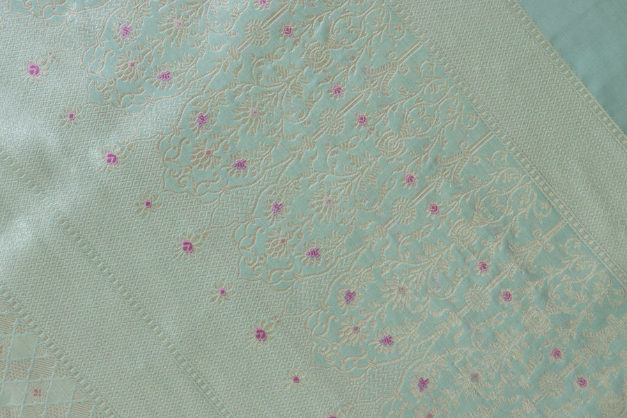 Aquamarine Meenadar Tanchoi Pure Silk Handloom Banarasi Saree