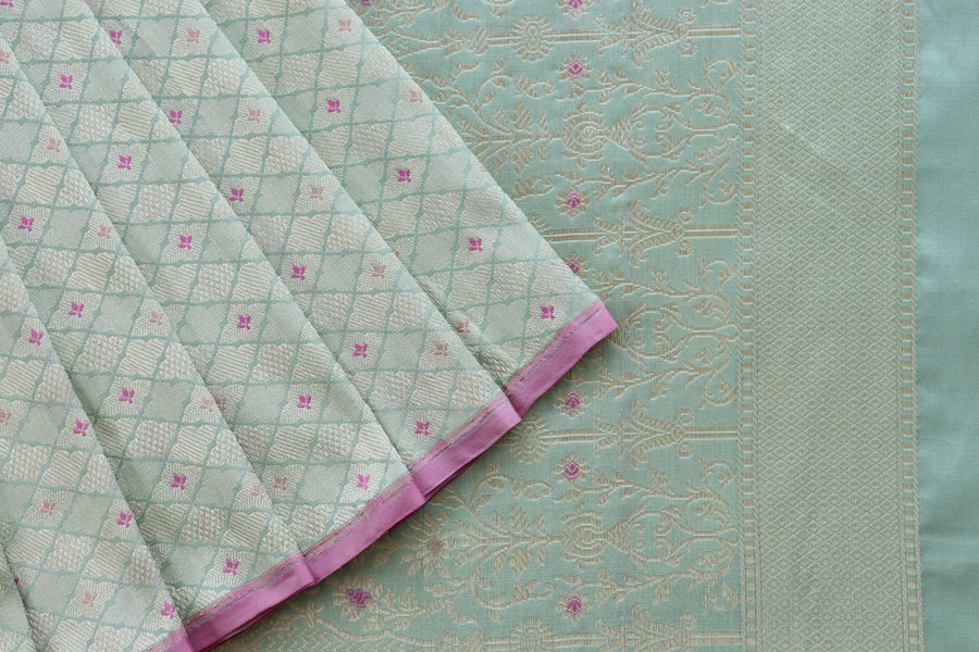 Aquamarine Meenadar Tanchoi Pure Silk Handloom Banarasi Saree