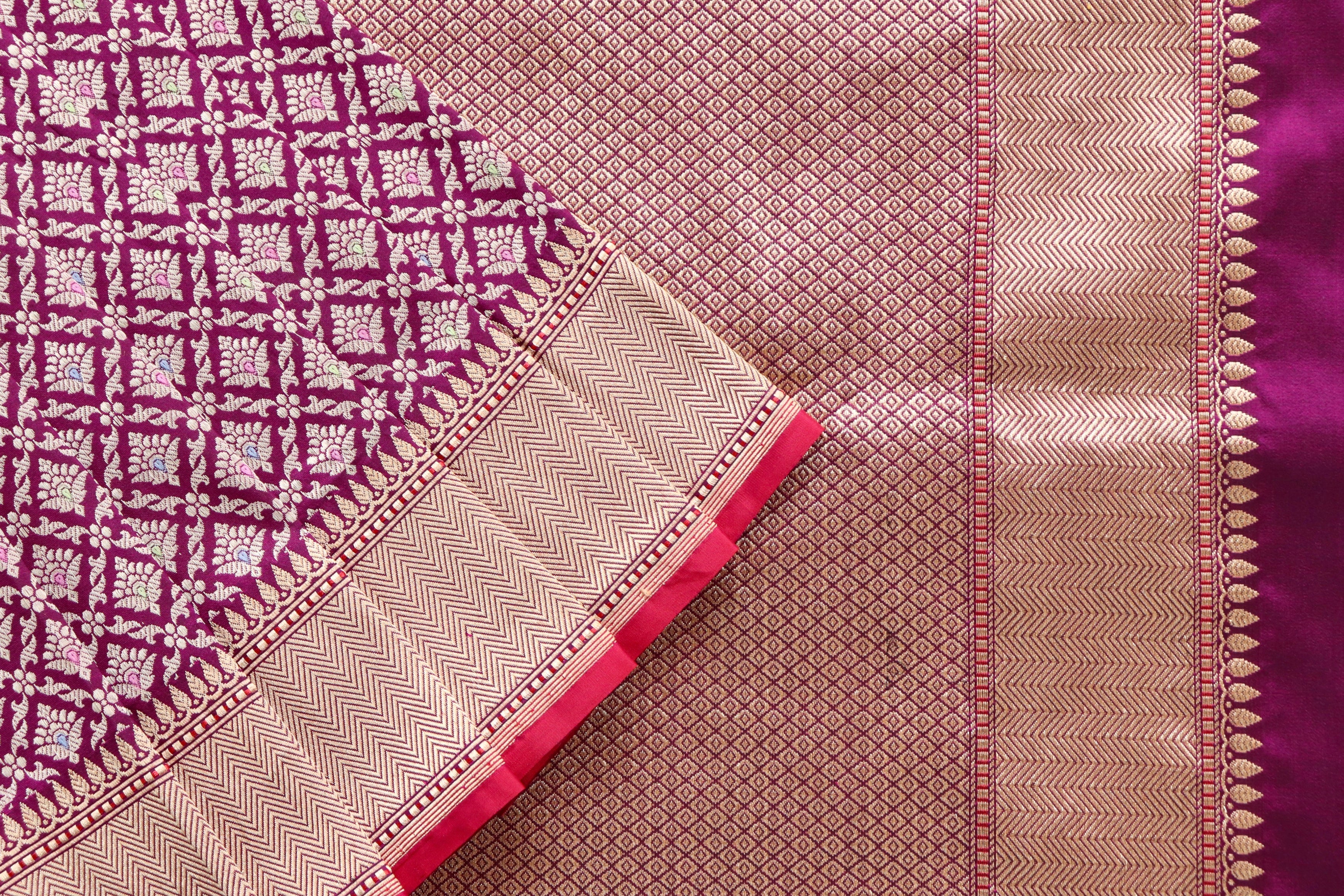 Wine Meenadar Handwoven Banarasi Tanchoi Silk Saree