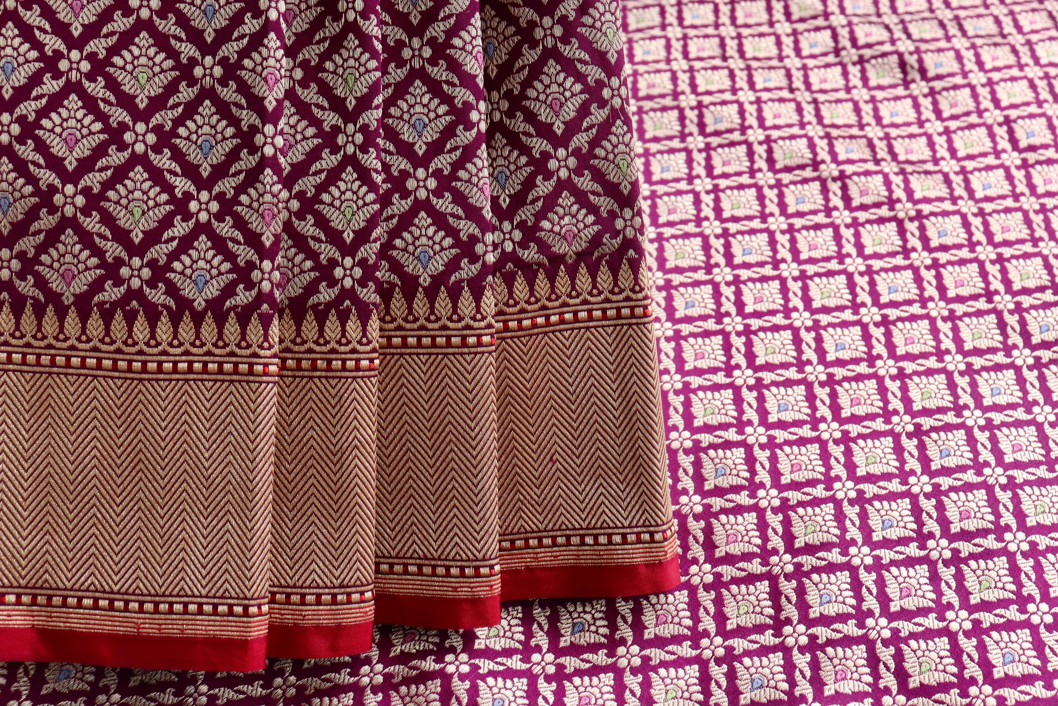 Wine Meenadar Handwoven Banarasi Tanchoi Silk Saree