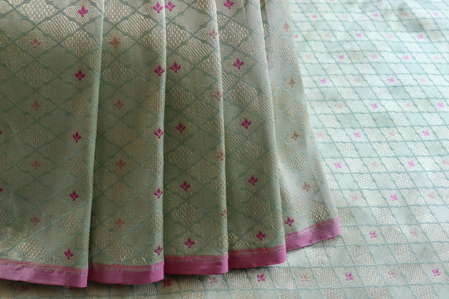 Aquamarine Meenadar Tanchoi Pure Silk Handloom Banarasi Saree