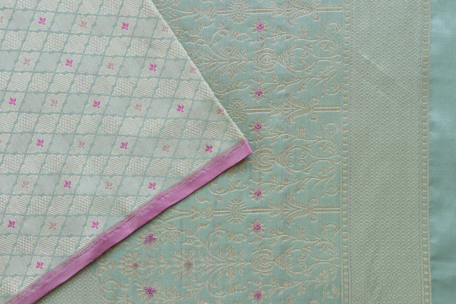 Aquamarine Meenadar Tanchoi Pure Silk Handloom Banarasi Saree