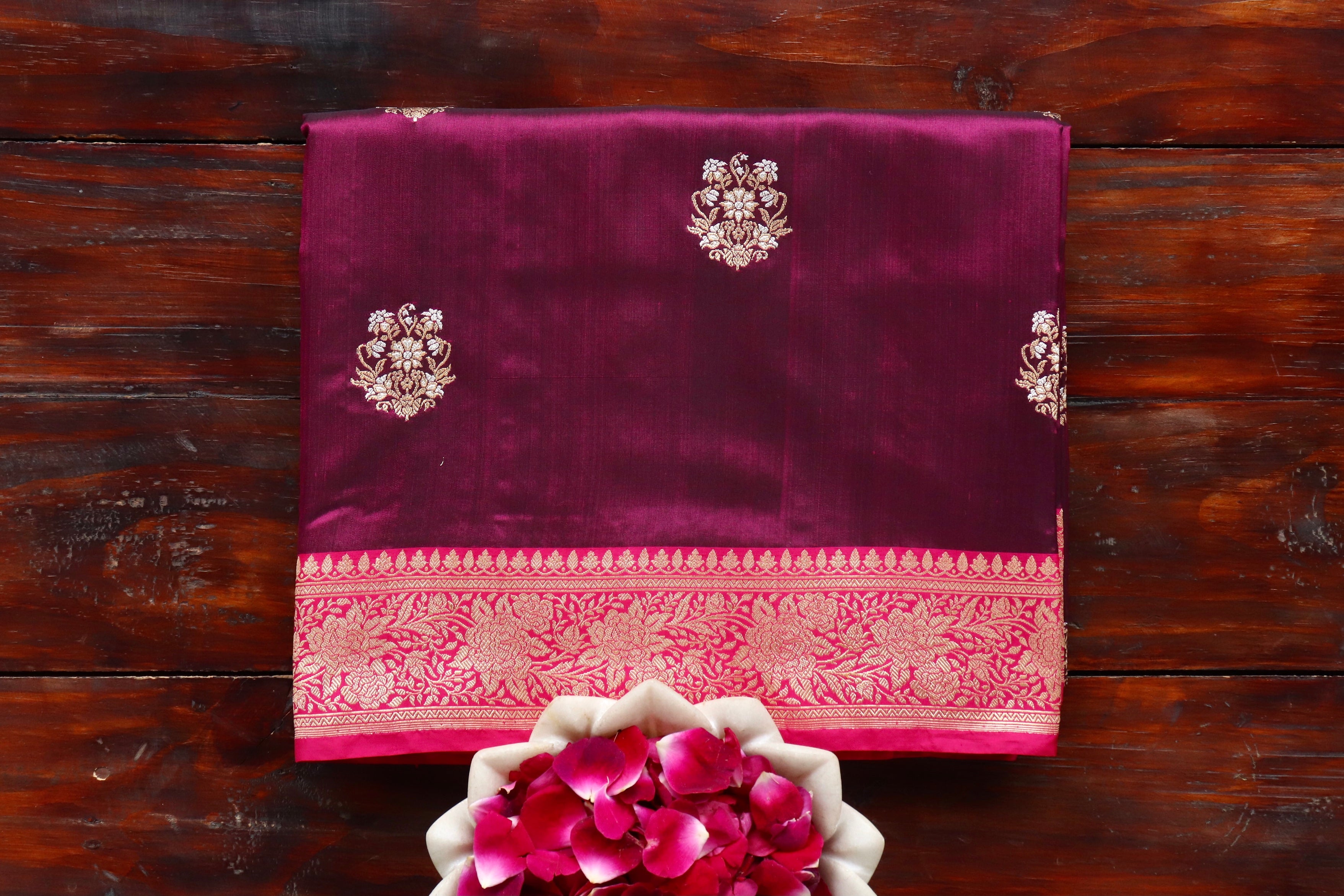 Burgundy & Pink Kadhua Pure Katan Silk Handloom Banarasi Saree