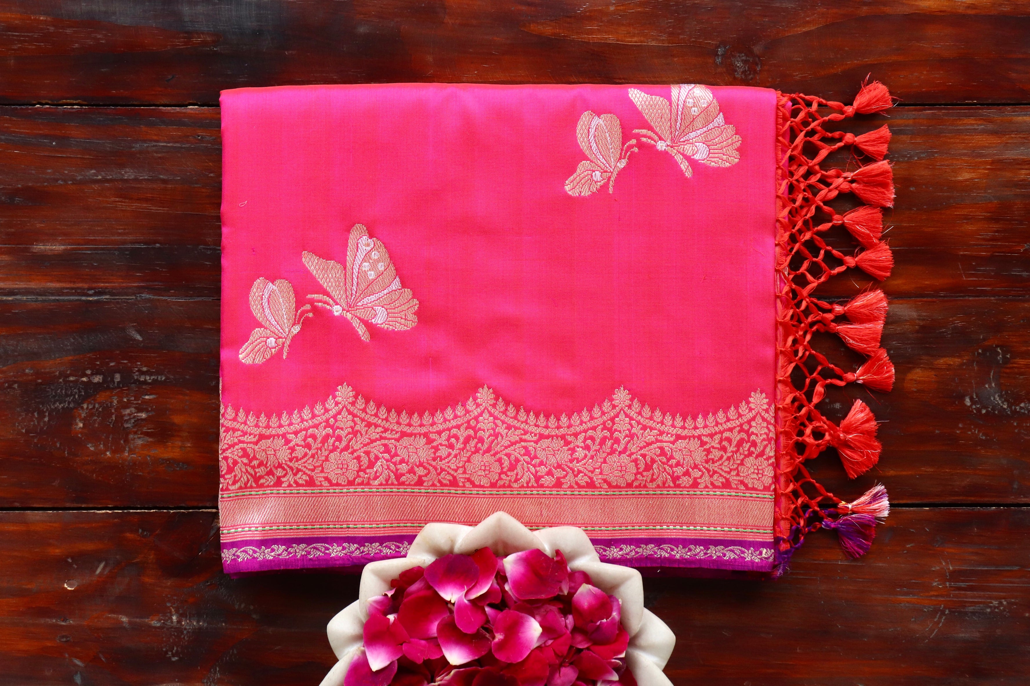 Rani Pink Butterfly Motif Pure Silk Handloom Banarasi Saree