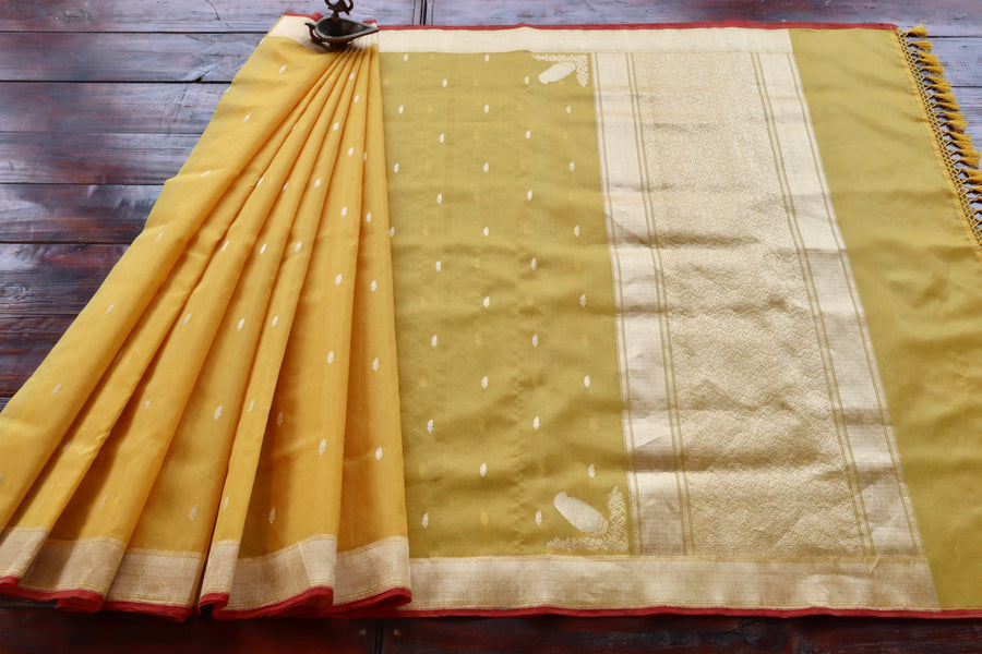 Yellow Kairy Kuniya Pure Kora Silk Handloom Banarasi Saree