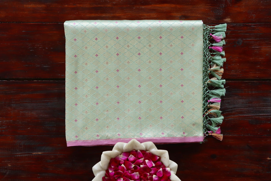 Aquamarine handloom Banarsi saree with tanchoi motifs in pure silk